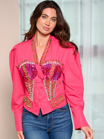 WOMEN'S LONG SLEEVE BUTTON UP SEQUINS MULTI BLOUSE TOP