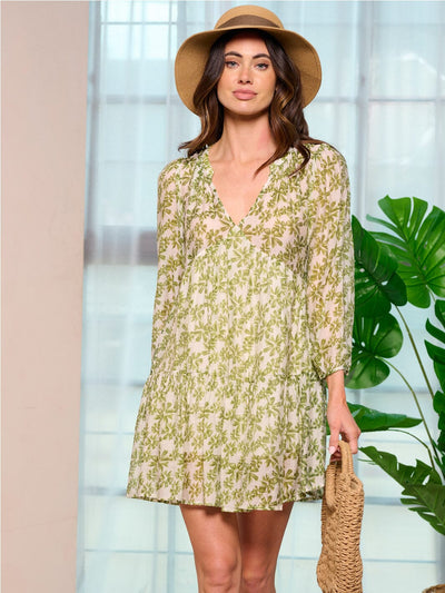 WOMEN'S LONG SLEEVE V-NECK TUNIC FLORAL MINI DRESS