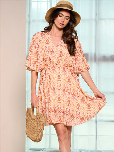 WOMEN'S SHORT SLEEVE SURPLICE MULTI PRINT MINI DRESS