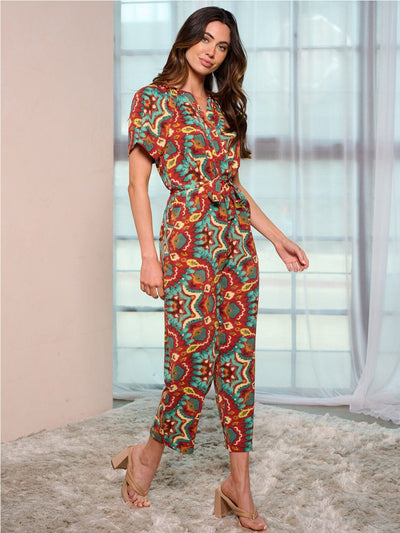 WOMEN'S SHORT SLEEVE BUTTON UP POCKETS MULTI PRINT JUMPSUIT