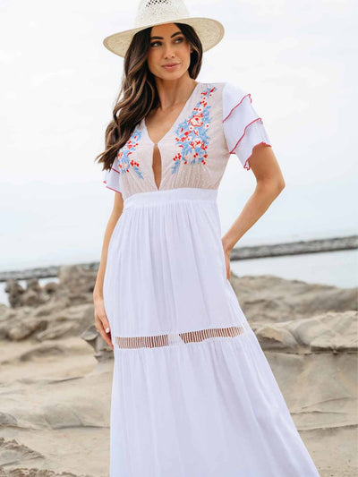 WOMEN'S SHORT RUFFLE SLEEVE EMBROIDERY MAXI DRESS