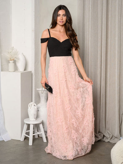 WOMEN'S SLEEVELESS SHIMMER LACE MAXI GOWN DRESS