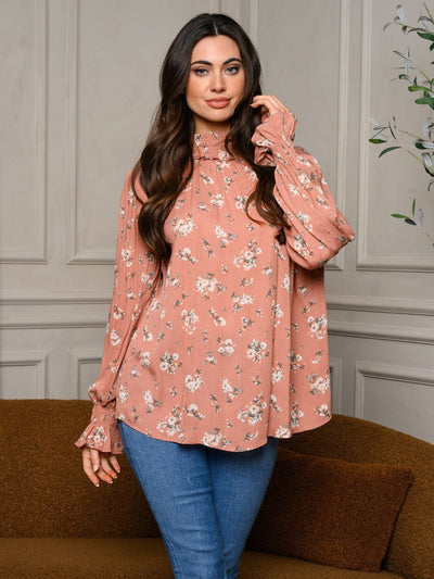 WOMEN'S LONG SLEEVE MOCK NECK FLORAL TOP