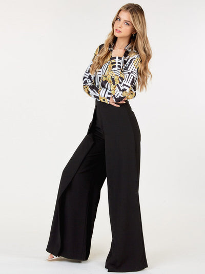 WOMEN'S ZIP UP PLEATED FRONT WIDE LEG PANTS