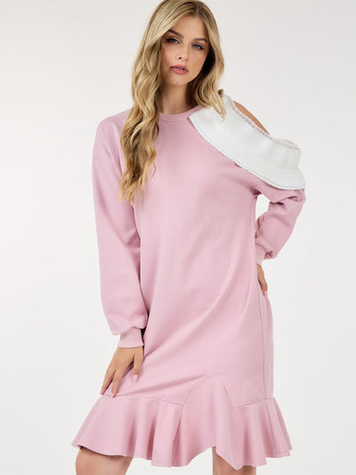 WOMEN'S LONG SLEEVE RUFFLE DETAILED COLORBLOCK MIDI DRESS