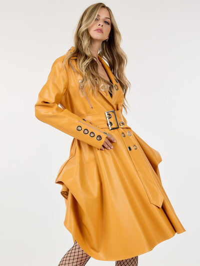 WOMEN'S LONG SLEEVE BUTTON CLOSURE BELTED PU PLEATHER COAT