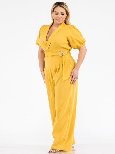 PLUS SIZE SHORT SLEEVE SURPLICE SELF TIE WIDE LEG JUMPSUIT