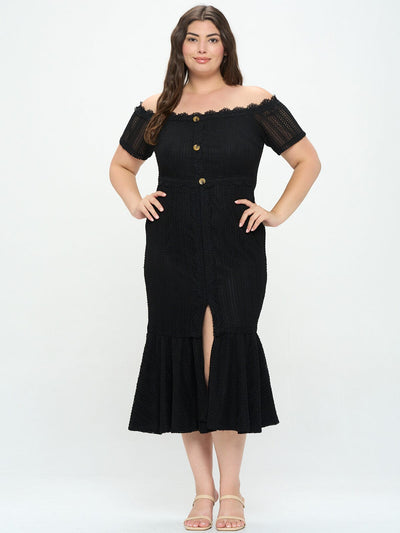 PLUS SIZE OFF SHOULDER BUTTONS FRONT SLIT KNITTED MIDI DRESS