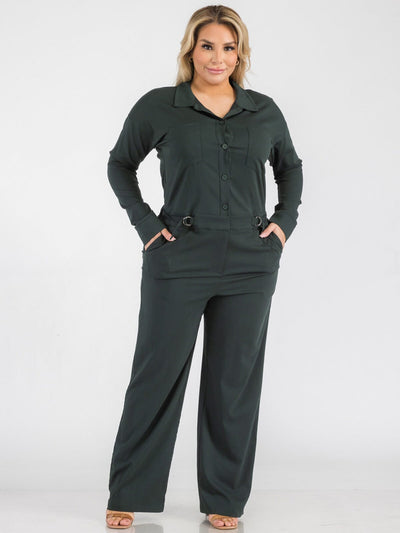 PLUS SIZE LONG SLEEVE BUTTON UP POCKETS WIDE LEG JUMPSUIT