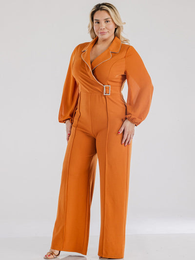 PLUS SIZE LONG SLEEVE SURPLICE WIDE LEG JUMPSUIT