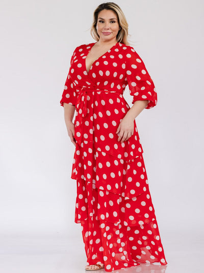 PLUS SIZE 3/4 SLEEVES SURPLICE SELF TIE RUFFLE POLKA DOTS MAXI DRESS