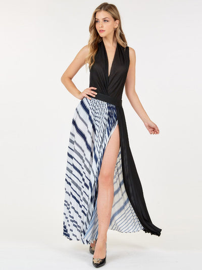 WOMEN'S ELASTIC WAIST FRONT SLIT PLEATED PRINT MAXI SKIRT