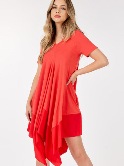 WOMEN'S SHORT SLEEVE V-NECK TUNIC FRONT POCKETS HIGH LOW MINI DRESS