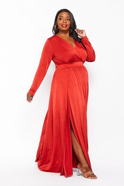 PLUS SIZE LONG SLEEVE SURPLICE SLIT MAXI DRESS