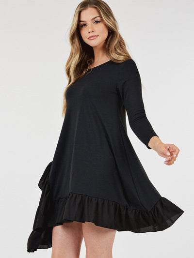 WOMEN'S 3/4 SLEEVE LOOSE FIT RUFFLE DETAILED HIGH-LOW MINI DRESS