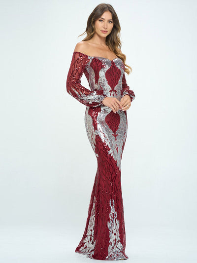 WOMEN'S LONG SLEEVE OFF SHOULDER BODYCON SEQUINS MAXI DRESS