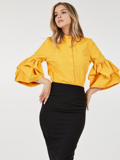 WOMEN'S 3/4 RUFFLE PUFF SLEEVE BUTTON UP BLOUSE