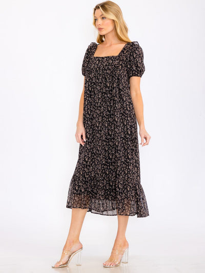 WOMEN'S SHORT PUFF SLEEVE SQUARE NECK FLORAL TIERED MAXI DRESS