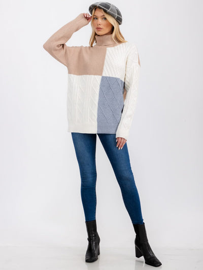 WOMEN'S LONG SLEEVE TURTLE NECK DETAILED COLORBLOCK PULLOVER SWEATER