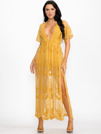 WOMEN'S SHORT SLEEVE V-NECK ALL OVER LACE MAXI DRESS