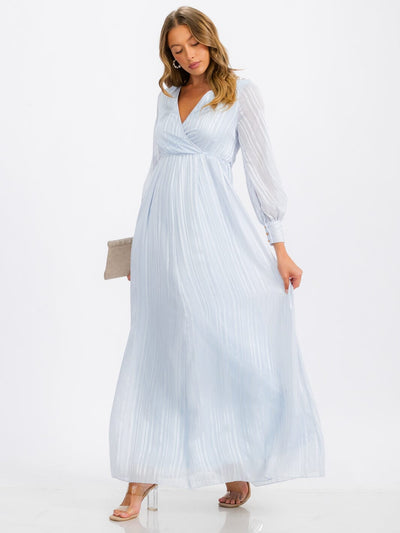 WOMEN'S LONG SLEEVE SURPLICE SELF TIE SHIMMER MAXI DRESS