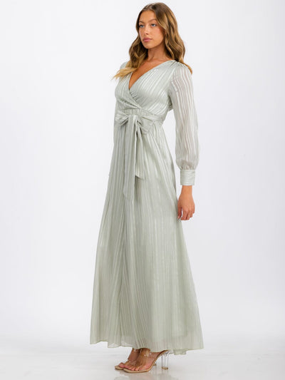 WOMEN'S LONG SLEEVE SURPLICE SELF TIE SHIMMER MAXI DRESS