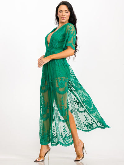 WOMEN'S SHORT SLEEVE V-NECK ALL OVER LACE MAXI DRESS