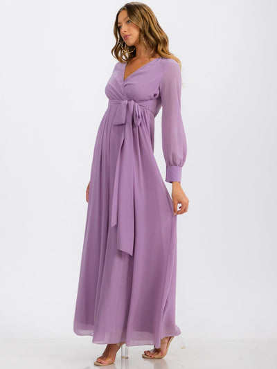 WOMEN'S LONG SLEEVE SURPLICE SELF TIE MAXI DRESS