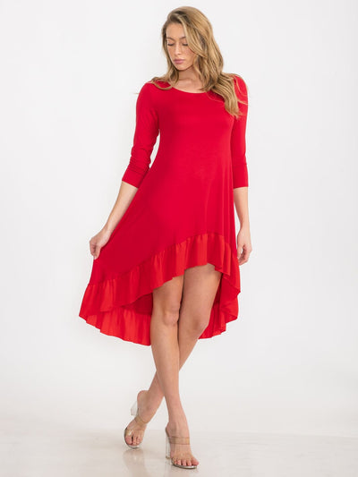 WOMEN'S 3/4 SLEEVE TUNIC RUFFLE BOTTOM HEM HIGH LOW MIDI DRESS