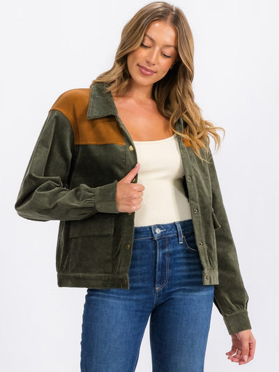 WOMEN'S LONG SLEEVE BUTTON CLOSURE CORDUROY COLORBLOCK JACKET