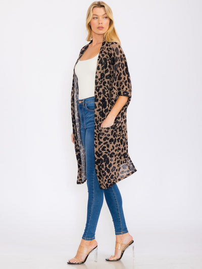 WOMEN'S SHORT SLEEVES OPEN FRONT POCKETS ANIMAL PRINT CARDIGAN