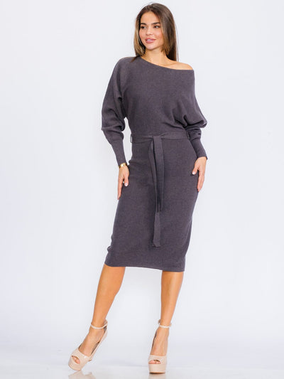 WOMEN'S LONG SLEEVE SELF TIE RIBBED BODYCON MIDI DRESS