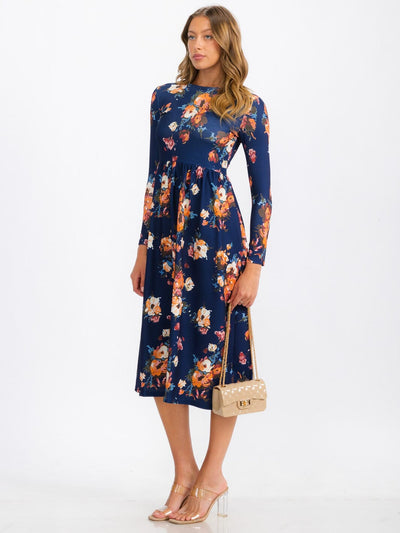 WOMEN'S LONG SLEEVE FLORAL MIDI DRESS