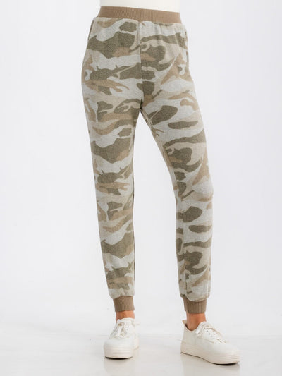 WOMEN'S ELASTIC WAIST FRONT POCKET CAMO PRINT FLEECE JOGGER SWEATPANTS