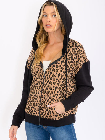 WOMEN'S LONG SLEEVE ZIP UP FRONT POCKETS ANIMAL PRINT HOODED JACKET