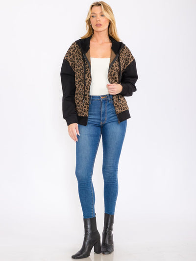 WOMEN'S LONG SLEEVE ZIP UP FRONT POCKETS ANIMAL PRINT HOODED JACKET