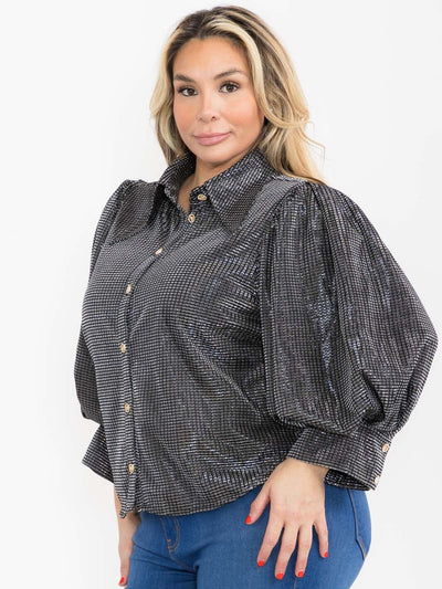 PLUS SIZE 3/4 PUFF SLEEVE BUTTON UP SHIMMER BLOUSE