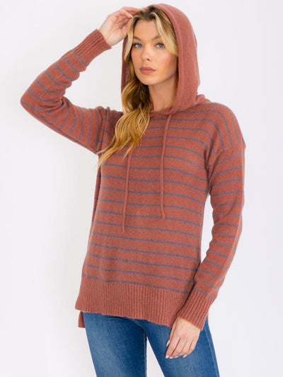 WOMEN'S LONG SLEEVES HOODED STRIPES PULLOVER SWEATER