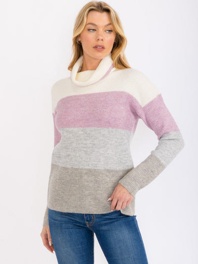 WOMEN'S LONG SLEEVES TURTLE NECK PULLOVER COLORBLOCK SWEATER