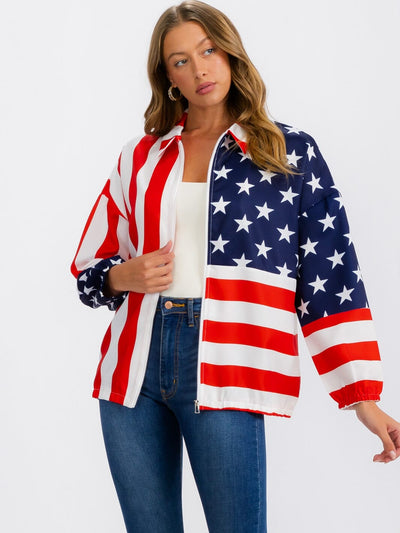 WOMEN'S LONG SLEEVE ZIP UP AMERICA FLAG PRINT LIGHTWEIGHT JACKET