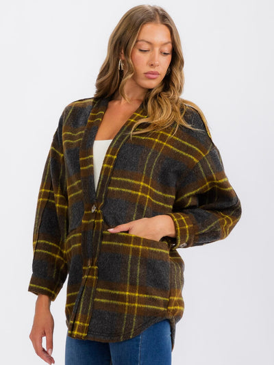 WOMEN'S LONG SLEEVE BUTTON CLOSURE FRONT POCKETS PLAID JACKET