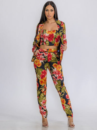 WOMEN'S CROP TOP WITH BLAZER & PANTS FLORAL 3PC. SET