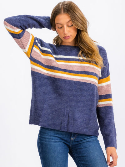 WOMEN'S LONG SLEEVE STRIPES COLORBLOCK PULLOVER SWEATER