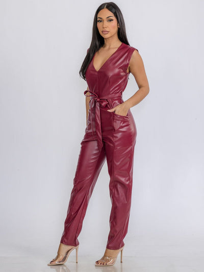 WOMEN'S SLEEVELESS V-NECL SELF TIE POCKETS SKINNY LEG PU PLEATHER JUMPSUIT