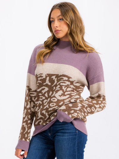 WOMEN'S LONG SLEEVE COLORBLOCK ANIMAL PRINT DETAILED PULLOVER SWEATER