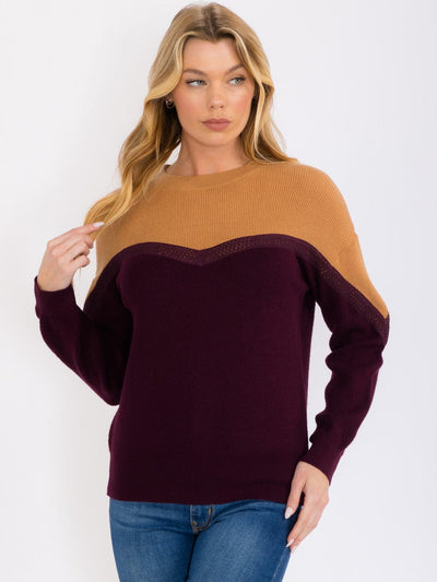 WOMEN'S LONG SLEEVES PULLOVER COLORBLOCK TRIM DETAILED SWEATER