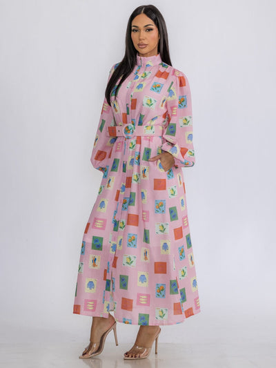 WOMEN'S LONG SLEEVE BUTTON UP BELTED POCKETS MULTI PRINT MAXI DRESS