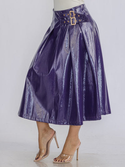 WOMEN'S ZIP UP FRONT BELT DETAILED PU PLEATHER MIDI SKIRT