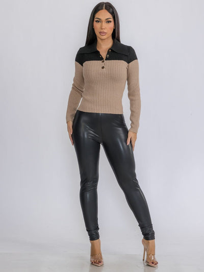 WOMEN'S LONG SLEEVE ZIP UP RIBBED COLORBLOCK TOP