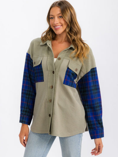 WOMEN'S LONG SLEEVE BUTTON UP FRONT POCKETS PLAID CONTRAST SHIRT TOP